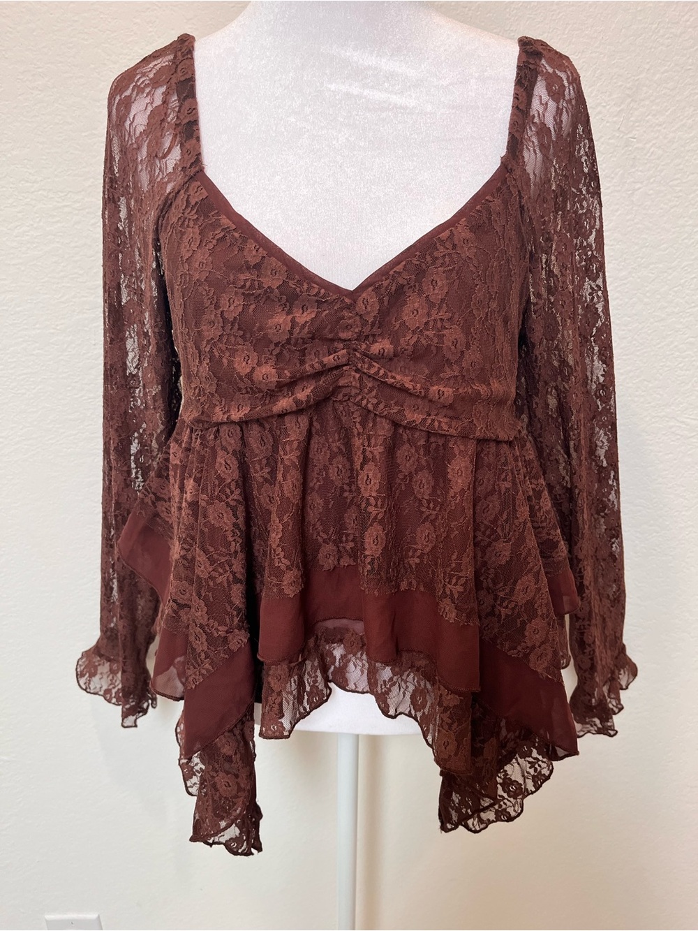 Brown Lace Peplum V-Neck Blouse